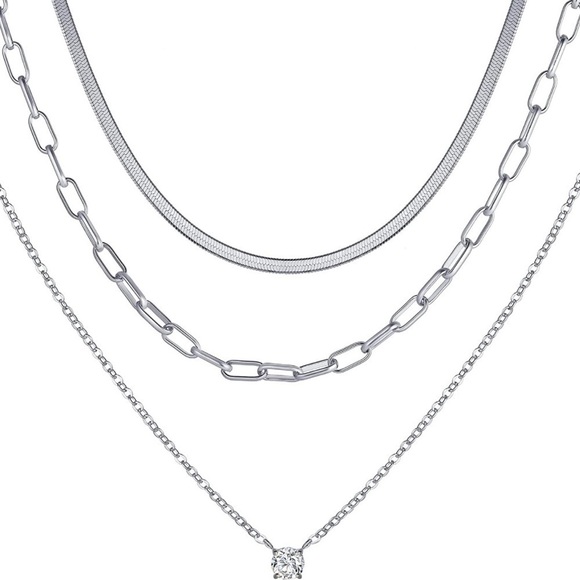 Silver 14k White Gold Plated Snake 3pc Chain Necklace Set - Picture 2 of 3
